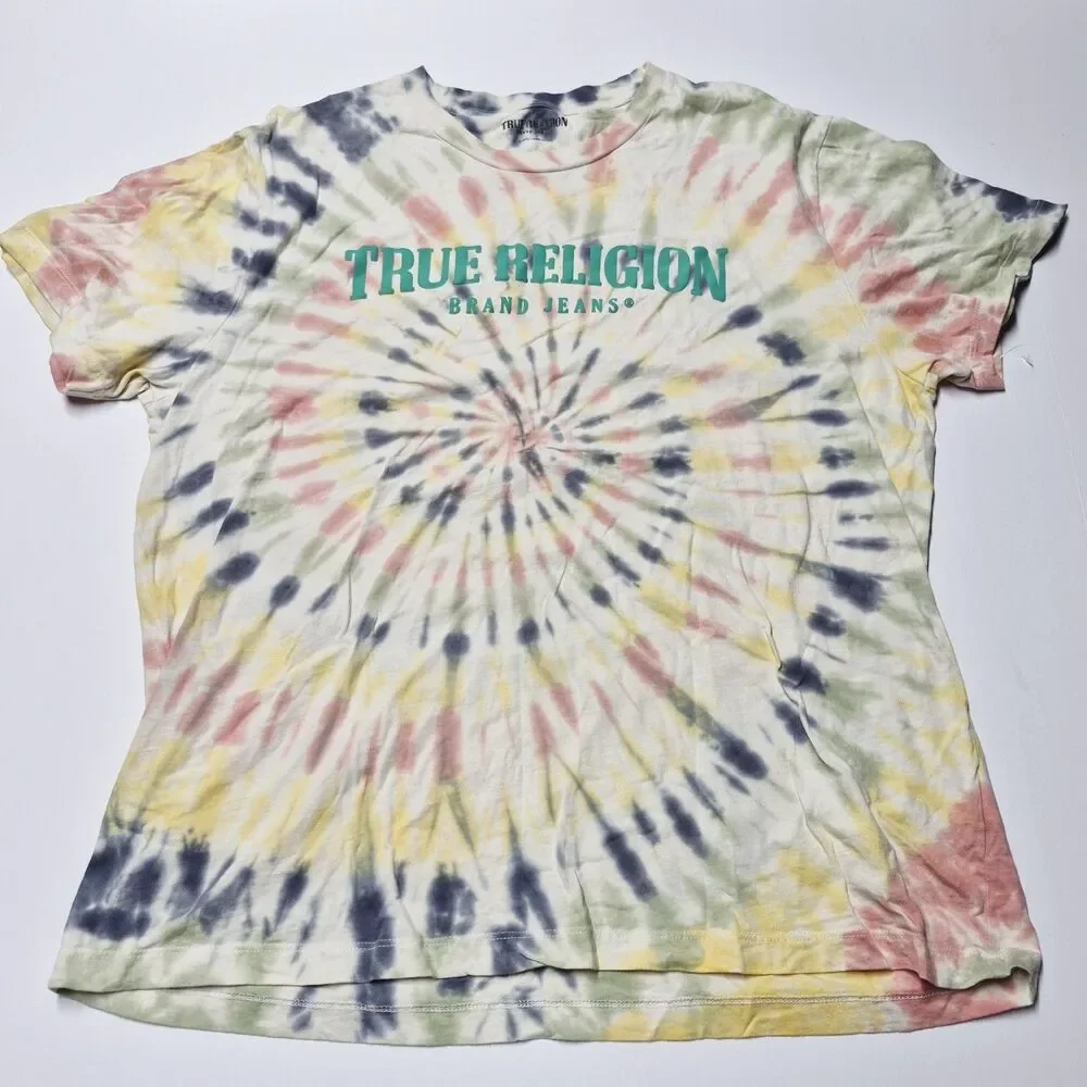 True Religion 2XL Tie Dye Shirt NWOT Rainbow Pastel Spiral City Logo Graphic Tee